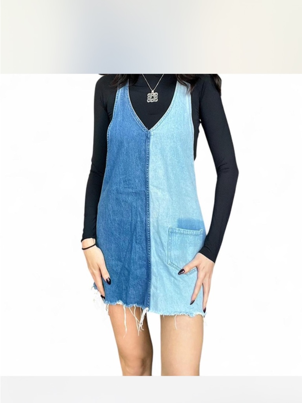 Two-Tone Blue Denim Dress - Light & Dark Blue